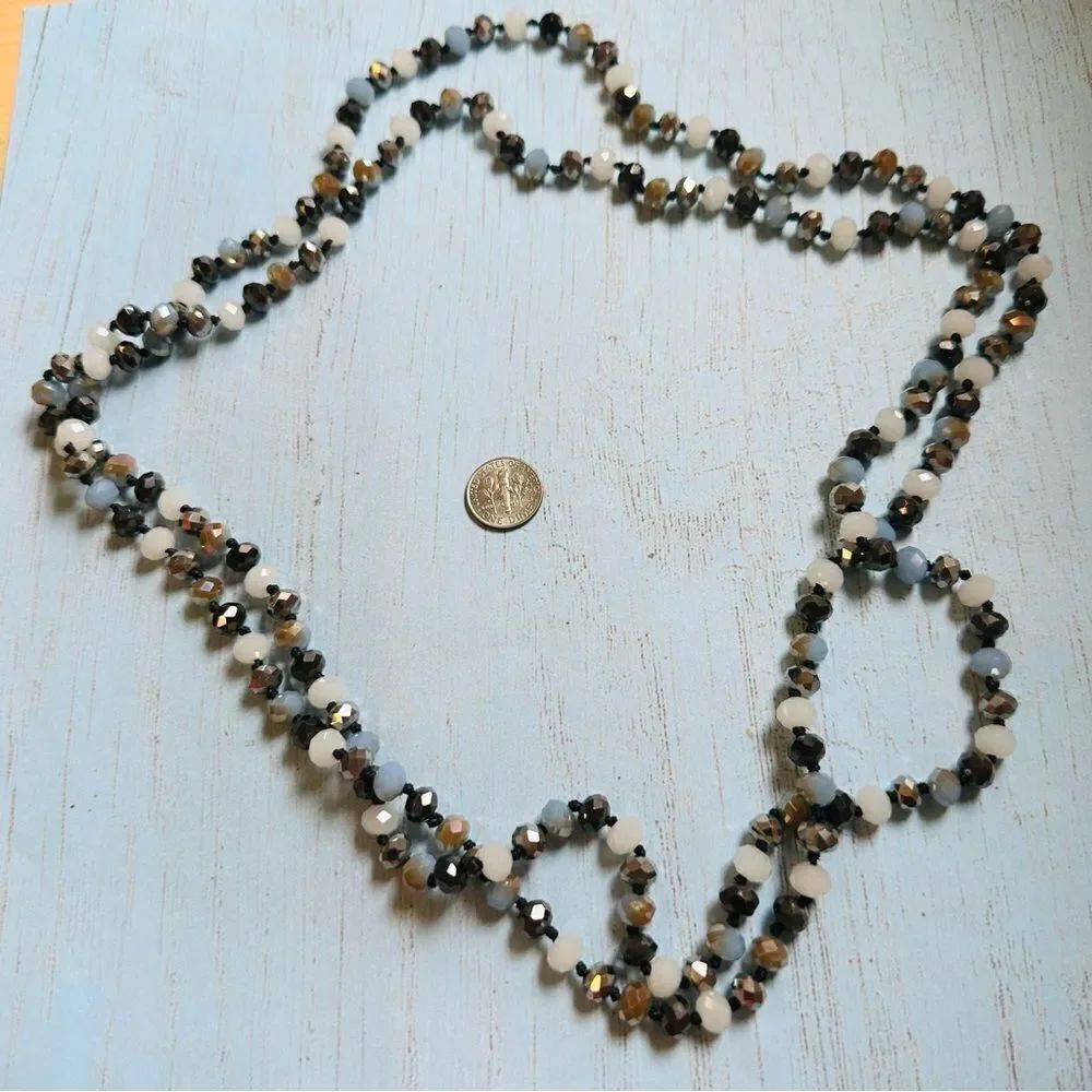 Silver Blue Gray Faceted Knotted Bead Long Necklace‎